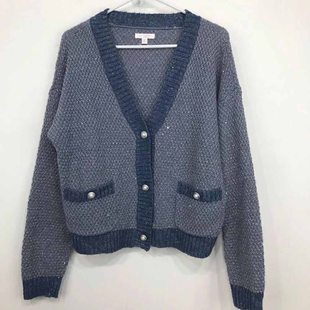 Lauren Conrad Dusty Blue Silver Sparkle V Neck Pearl Button Up Holiday Cardigan